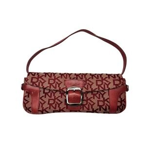 Y2k DKNY Shoulder Bag‎ Monogram Burgundy Leather Buckle Flap 2000s Bratz Preppy